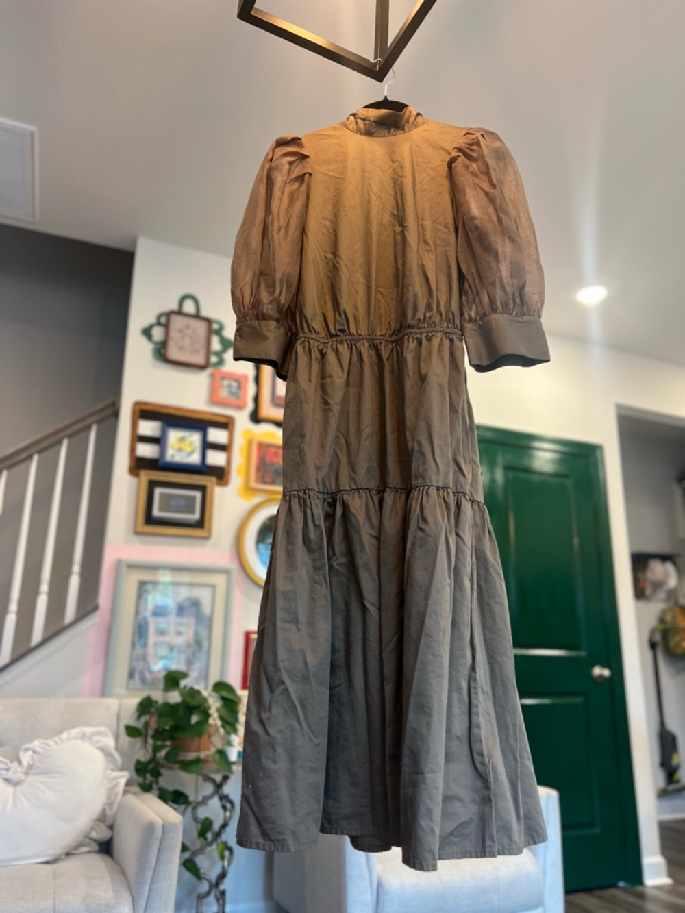 Prologue Brown Puff-Sleeve Tiered Midi Dress